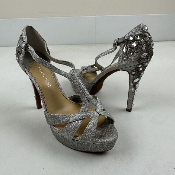 Gianni Bini Silver Glitter Beaded Rhinestone Platform Peep Toe Stiletto Heel 7.5 - Picture 2 of 10